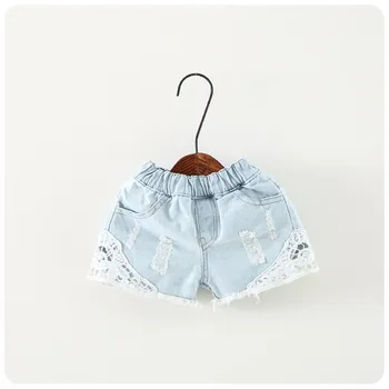 New Summer Korean Girls Lace Hole Jeans Shorts Cowboy Kids Girls Cute Shorts Jeans Short Lace Pocket Denim Shorts Children 2-12Y 3