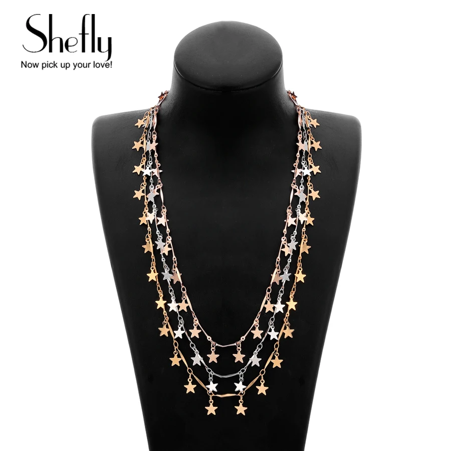 

Bohemia Necklaces Women Jewelry Gold Silver Small Star Charm Statement Necklace Multi Layers Maxi Collar Sweater Chain Choker