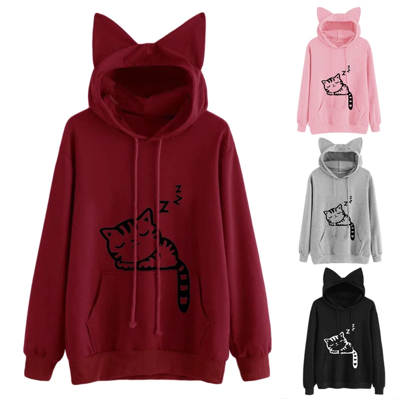 

Kawaii Cat Ear Hoodies Women Cute Cartoon Sleeping Cats Print Sweatshirt Casual Loose Pullover Tracksuit Outerwear