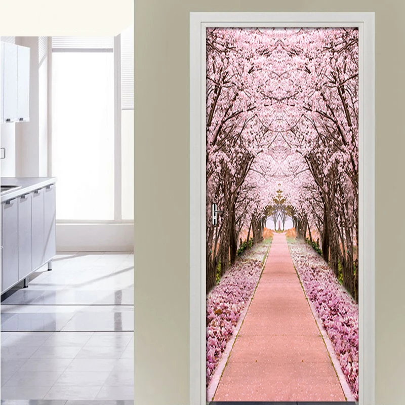

Pink Cherry Tree Path Wall Paper Door Sticker For Living Room Bedroom PVC Self-adhesive Waterproof Door Decor Mural 3D Decals