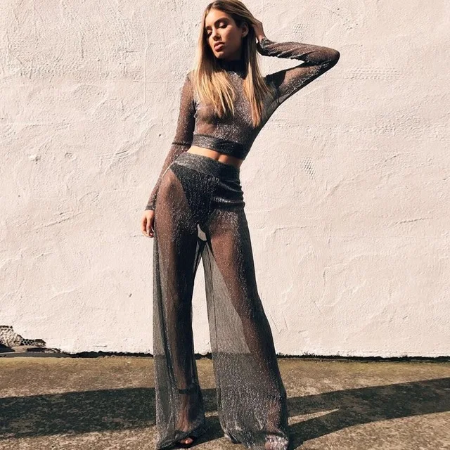 

2018 Women Tracksuits Glitter Sheer Mesh Long Sleeve Perspective Tshirt and Wide Leg Long Pants Suit Female Sexy Shine Basic Tee