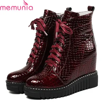 

MEMUNIA 2020 top quality patent leather ankle boots for women round toe lace up zip wedges platform shoes fashion autumn boots