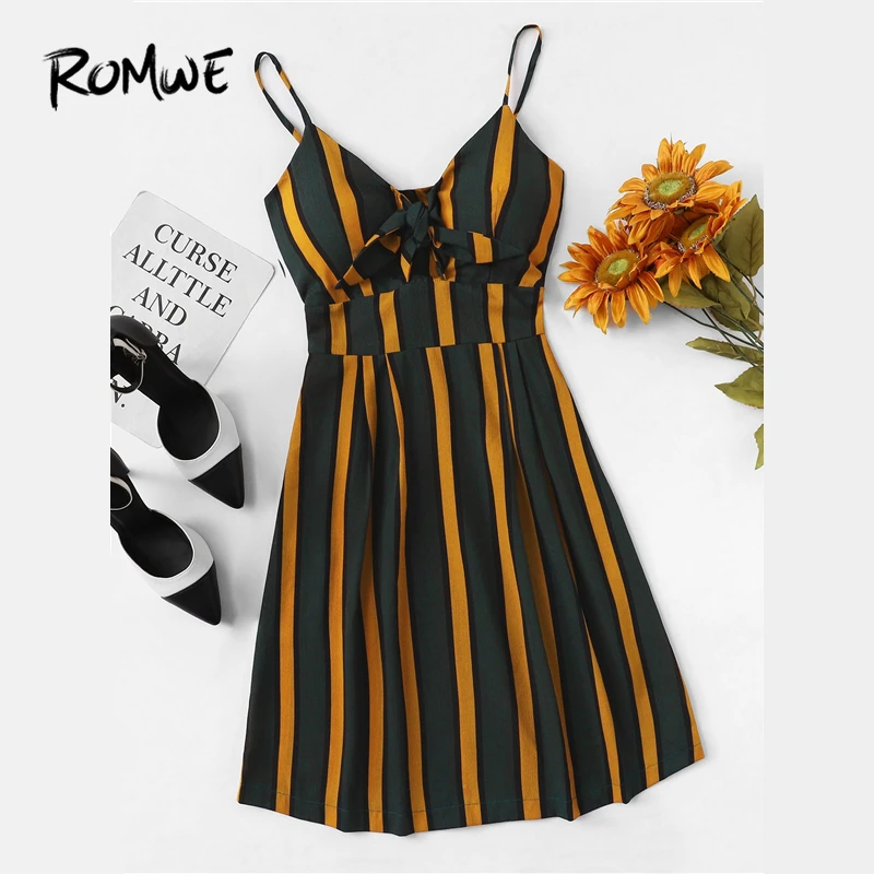 

ROMWE Pleated Back Knot Striped Cami Dress Women Summer Boho Cut Out Sleeveless Fit and Flare High Waist Short Dresses