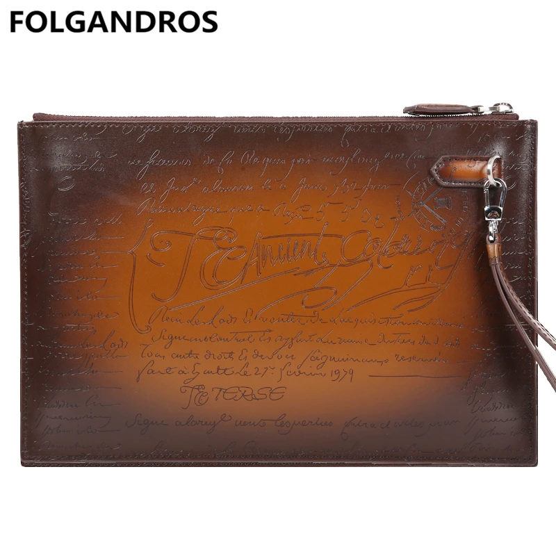 Brand Luxury Handbags for Men Genuine Leather Day Clutches with Engraving Handmade Large Capacity Vintage Handbag |