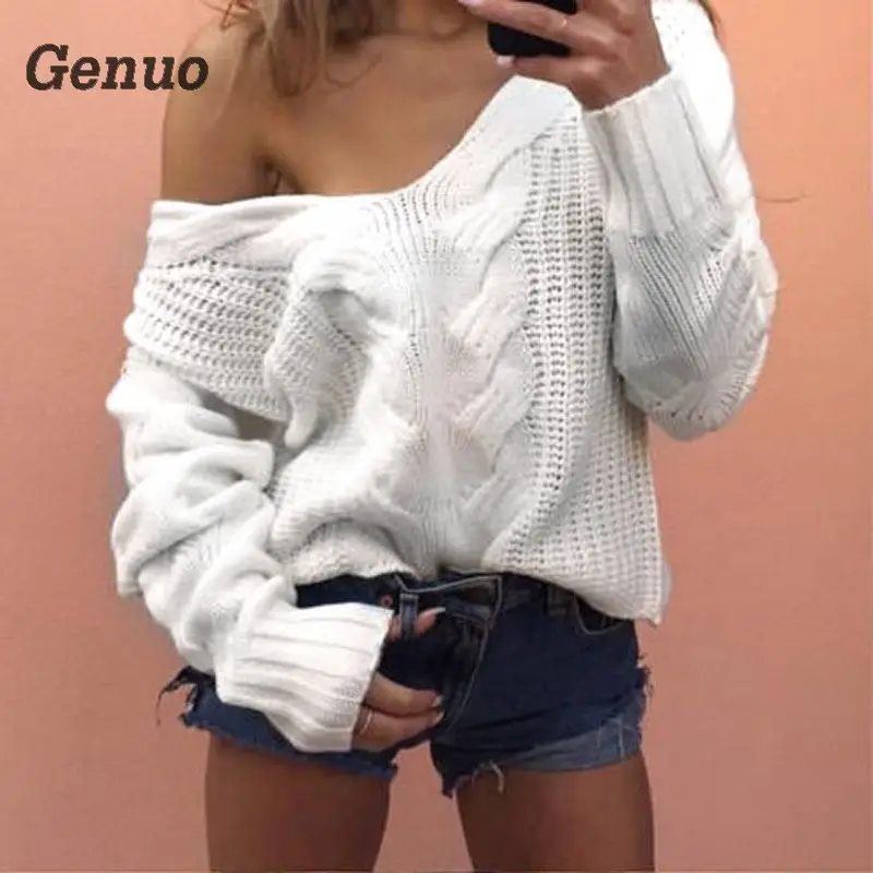 Sexy White Women Sweaters And Pullovers 2018 Autumn Winter Warm Knitted Sweater V Neck Off Shoulder Sweaters Knitwear Pullovers