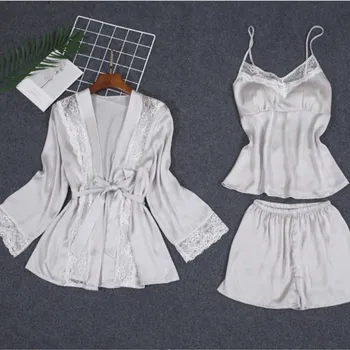 

Women's 3 Pieces Pajama Sets Spring And Summer Sexy Women Sleep Lounge Nightdress Robe Pants Female Pajamas