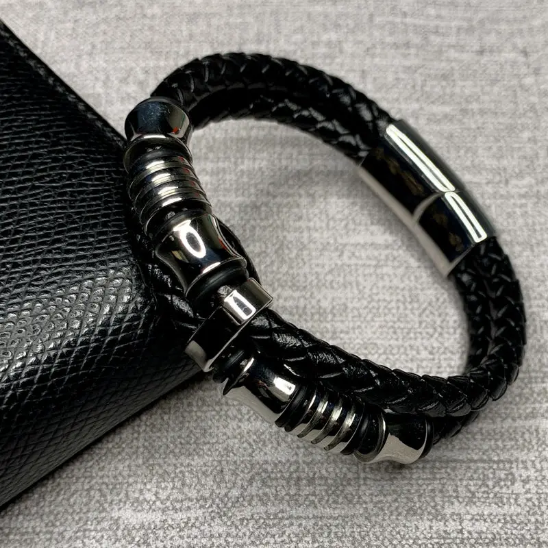 

Punk Leather Stainless Bracelets Men Braid Charm Leather Bracelet Stainless Steel pulseras hombres moda Woven Bangle SS0026