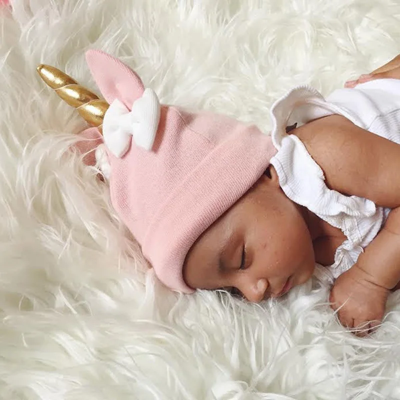 Nishine Baby Unicorn Horn Hat Bow Tie Knitted Lovely Beanies Cute Warm Knit Hat Fashion Girls Knitting Cap Outfits afbeelding