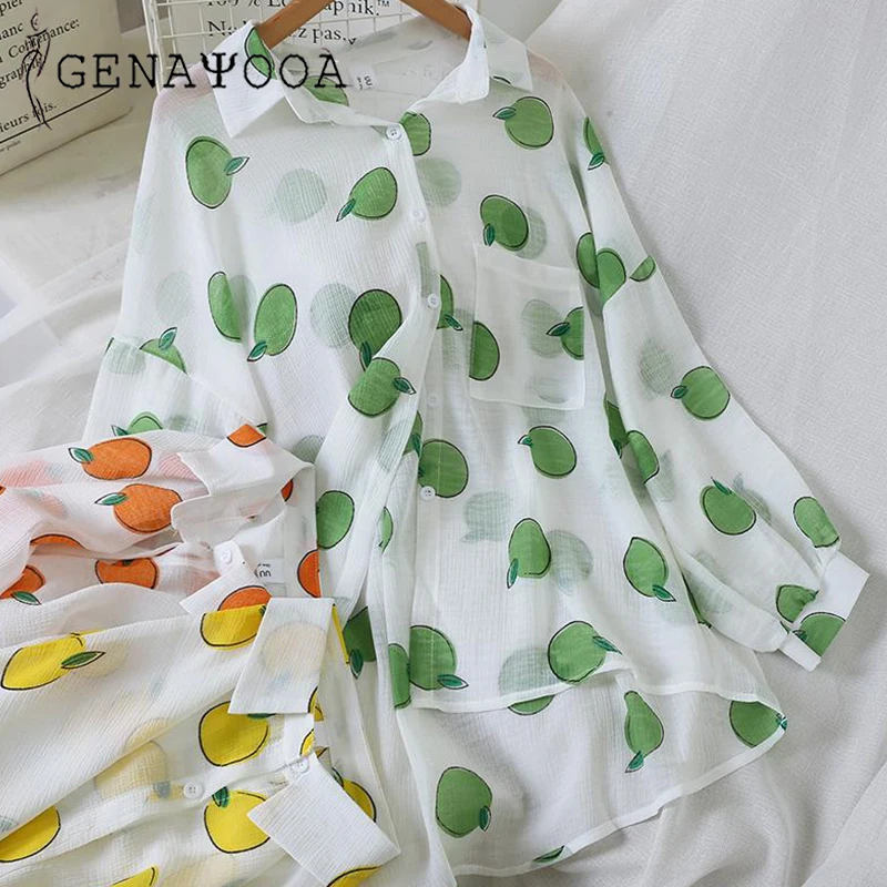 

Genayooa Summer Blouses For Women 2019 Casual Fruit Blouse And Shirt Women Long Sleeve Air Condition Shirt Chiffon Shirt Blue