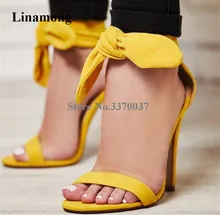 Summer Beautiful Women Ankle Bowtie Suede Leather One Strap Sandals Yellow Pink Thin Heel Ankle Wrap High Heel Sandals Summer Beautiful Women Ankle Bowtie Suede Leather One Strap Sandals Yellow Pink Thin Heel Ankle Wrap High Heel Sandals