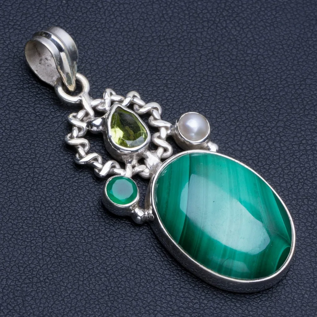 Natural Malachite Chrysoprase River Pearl and Peridot Punk 925 Sterling Silver Pendant 2&quot R0888 | Украшения и аксессуары