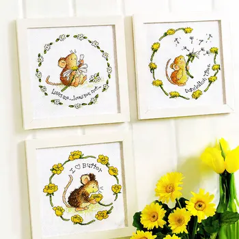 

Fishxx Cross Stitch Cross215-4 Cartoon Dandelion Mouse Cute Small Animal Three Patterns Hand Embroidered Home Triptych