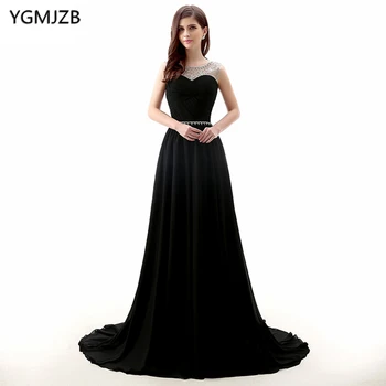 

Black Evening Dresses Long 2018 A-Line Cap Sleeves Beaded Crystal Prom Dress Chiffon Pink Evening Gown Robe De Soiree
