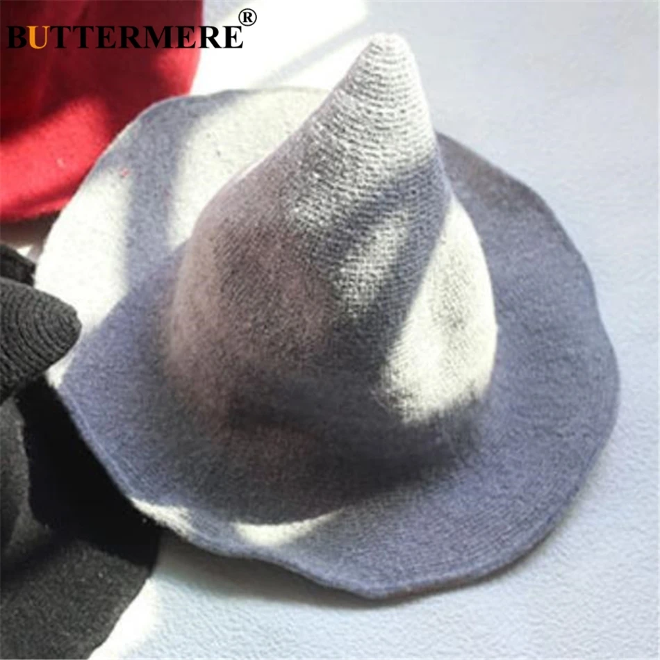 BUTTERMERE Шляпа Волшебника для взрослых, шерстяная женская шапка-ведро, вязаная шапка ведьмы, Женская однотонная шапка с широкими полями на осень и зиму, новинка, шапка для рыбалки