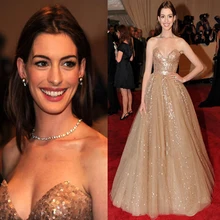 Энн Хэтэуэй ТРАПЕЦИЕВИДНОЕ вечернее платье и тюле цвета шампанского с золотыми блестками для красной дорожки, популярное платья