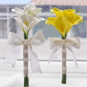 

NZUK 6 PiecesYellow Artificial Flowers Lily Wedding Bouquets 2018 New Fashion Lace Bridal Hand Bouquet ramos de novia