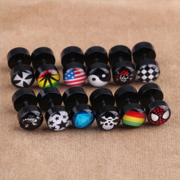 

Rock Stainless Steel stud earring double side pattern earrings black acrylic ear male cute design girl gifts party punk jewelry