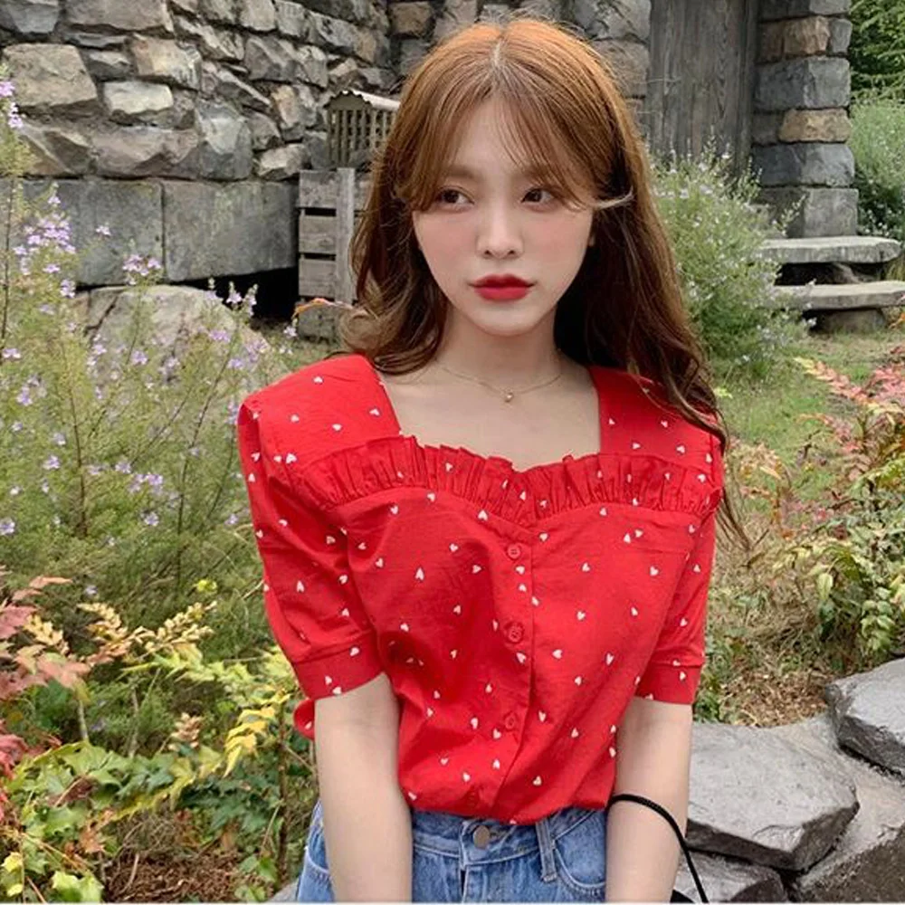 

Lady Red White Hearts Print Blouse Ruched Hem Short Sleeve Top Women Shirt Petite Chemise Femme Chemisier Blusa Mujer Camisa