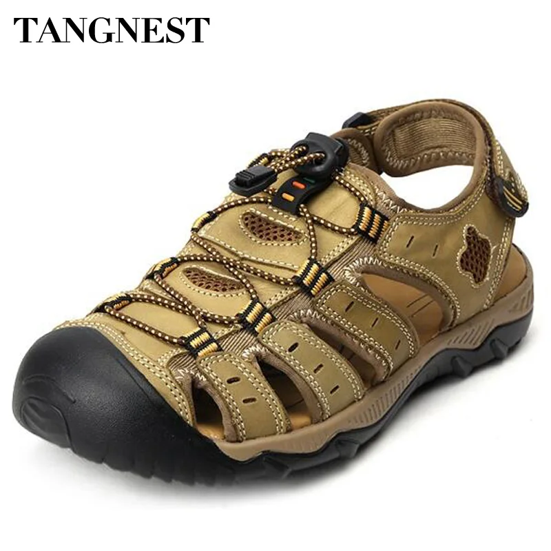 

Tangnest Men Summer Genuine Leather Sandals Big Size 38~47 Men Beach Sandals Breathable Man Fisherman Shoes Mesh Sandals XML183