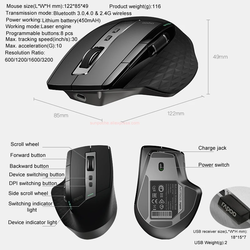  Rapoo Multi-mode Wireless Slim Metal Keyboard & Rechargeable Laser Mouse Combo Bluetooth 3.0/4.0 & 