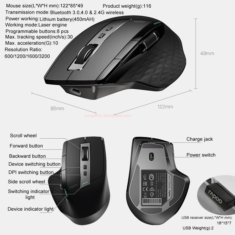 Rapoo inalámbrico Multi-modo Metal delgado teclado y ratón láser recargable Combo Bluetooth 30/40 y