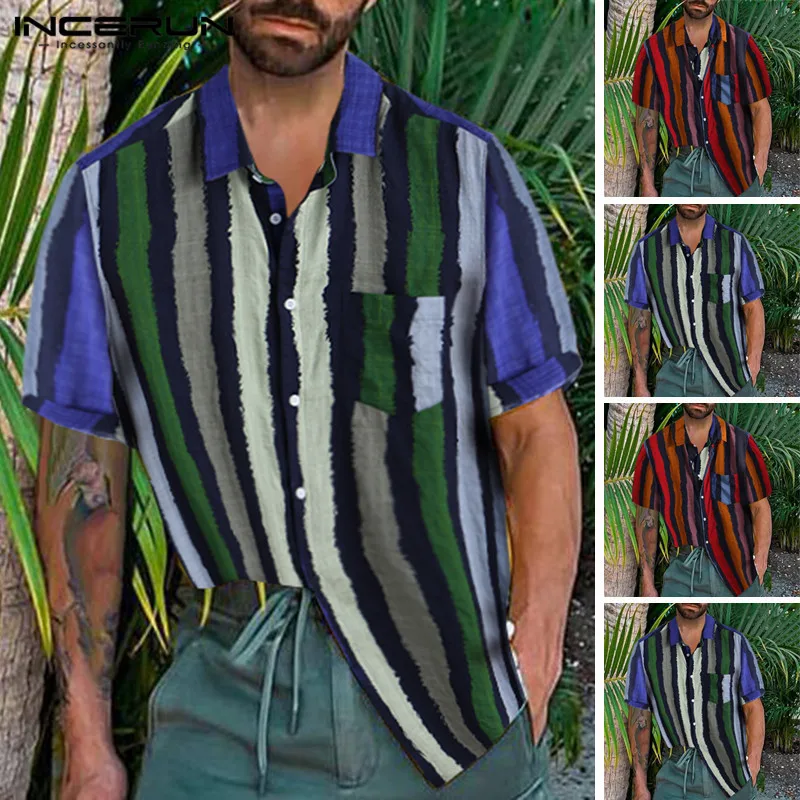 

INCERUN Summer Striped Shirt Men Fashion Pocket Europe America Personality Casual Loose Men Short Sleeve Lapel Camisa Masculina