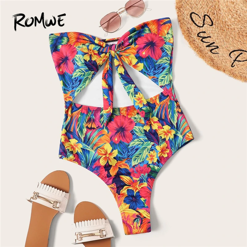 

Romwe Sport Bikinis Set Flower Print Knot Cut-out Tie Front Bandeau One Piece Swimsuit Women Summer Wire Free Boho Swimwear