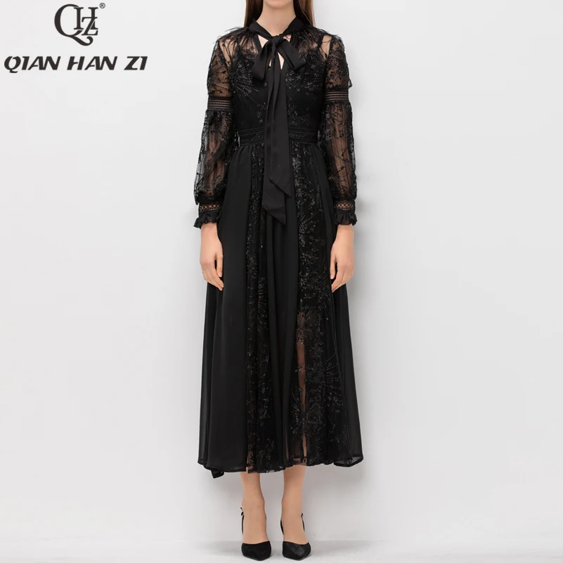 

Qian Han zi 2019 runway Maxi dress Women's Lantern Sleeve Feather Bow Collar quality embroidery Retro Party plus size long dress