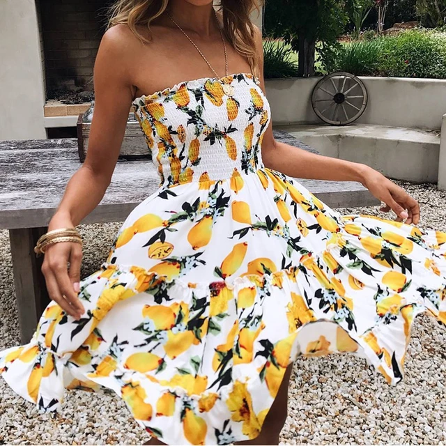 2018 verano playa Vestido Casual Sexy Floral estampado Mini vestidos amarillo sin hombros señora tirantes sin espalda moda nueva _ - AliExpress Mobile