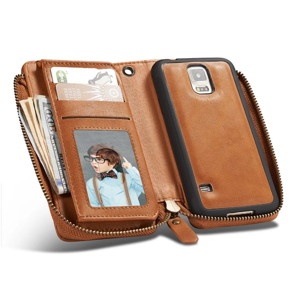

Leather Wallet for Samsung S5 S6 S7 Edge S8 S9 Plus Note 5 8 9 Zipper Multi Card Cell Phone Organizer Clutch Wristlet Purse Case