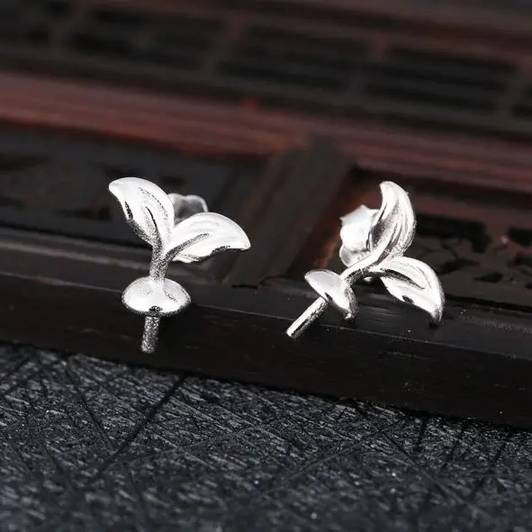 

925 Sterling Silver Stud Earrings Semi Mount for 6-8mm Pearl or Round Bead Fine Jewelry Leaf