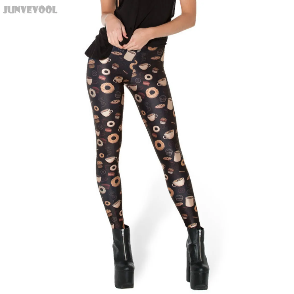 Leggings Women Casual Afternoon Tea Meal Cups Donuts Cookies Print Slim