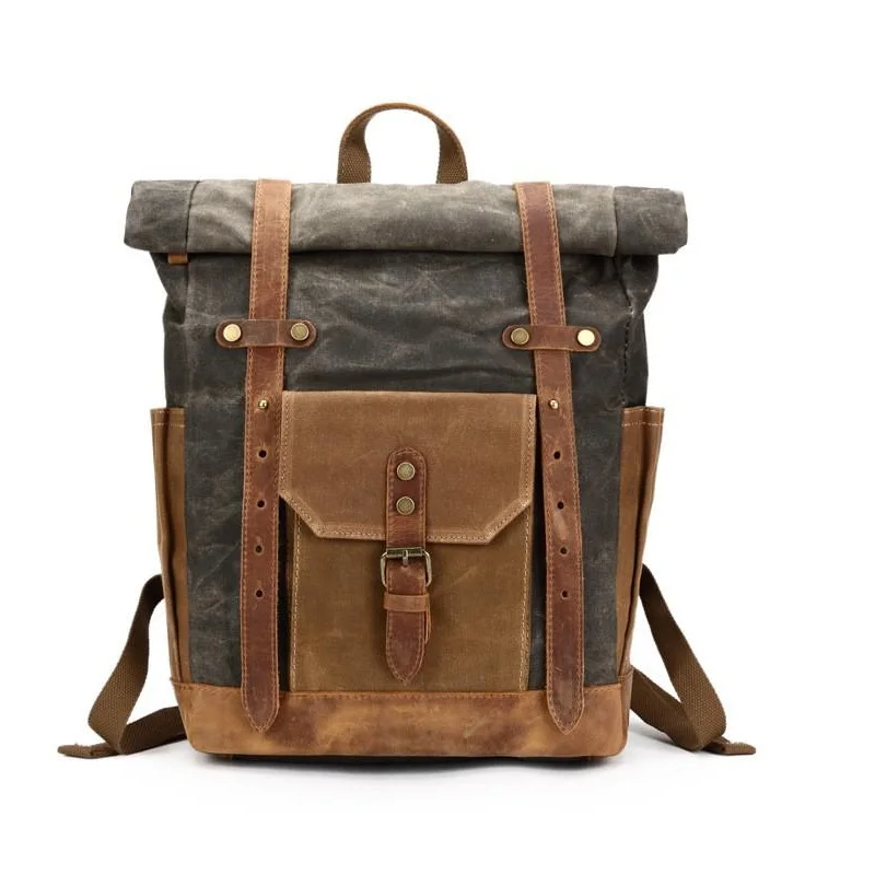

JIULIN Vintage Oil Waxed Canvas Leather Backpack Large Capacity Teenager Traveling Waterproof Daypacks 14" Laptops Rucksack