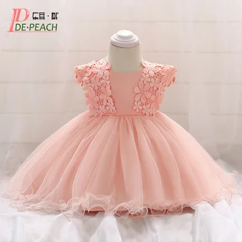 

DE PEACH 2019 New Baby Girl Lace Flower Wedding Dress Baby Princess Birthday Party Baptism Dress Infant Toddler Christening Gown