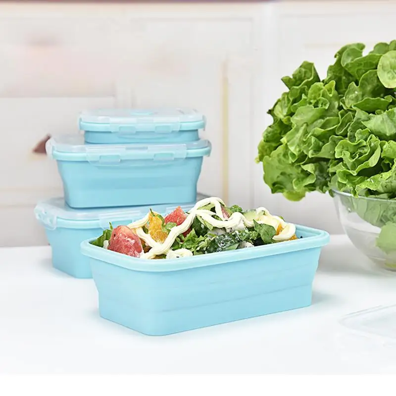 Hot Sale 4 Piece Set Blue Food Grade Silicone Lunch Box Folding Eco-Friendly Food Container Bento Box Collapsible Portable Mic