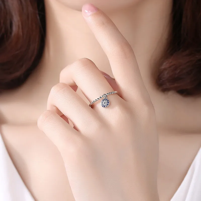 KALETINE Lucky Eye Ring Sterling 925 Silver Rings Blue Evil Eyes Pendant Charm CZ Cute Ringlet for Women Silver Jewelry KLTR098