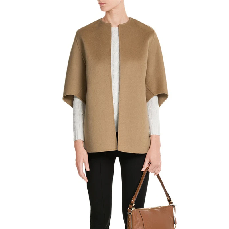 

ZADORIN Spring Autumn Coat Women Wool Blend Camel Coat O Neck Half Sleeve Loose Overcoat Korean Fashion Wool Jacket Coat Clothes