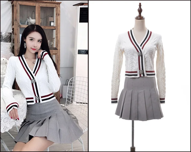 

New 2019 quality diamond buckle v-neck sweater cardigan coat plover pleated skirt of tall waist, cultivate morality pants suit