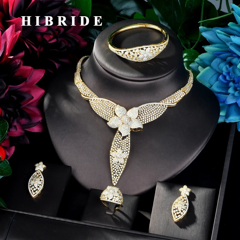 

HIBRIDE Long Pendant Gold Color Design Women Bridal Jewelry Set Dress Necklace Earring Jewelry Set For Party Gits N-888