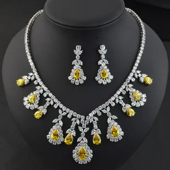 

New design luxury golden yellow wedding bridal jewelry set,high quality AAA Cubic Zirconia necklace earring set for bride/party