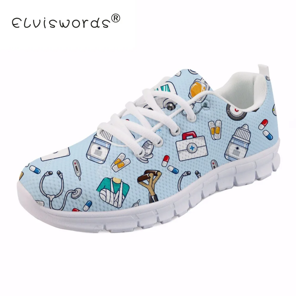 

ELVISWORDS 3D Nurse Flat Shoes Women Cartoon Doctor Printed Women's Sneakers Shoes Kawaii Breathable Mesh Flats Female Shoes New