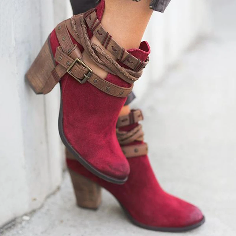 

PUIMENTIUA Women Boots Spring Autumn High Heels Shoes Female Rivet Buckle Daily Shoes Short Boots PU Leather Ankle Boots