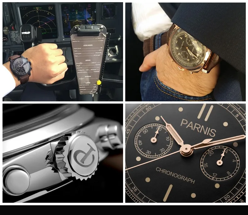 Parnis Pilot Seriers светящиеся Мужские часы с кожаным ремешком, военные спортивные кварцевые часы с хронографом, наручные часы
