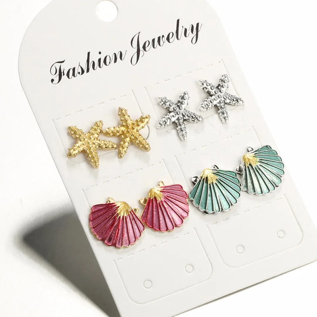 Vintage Starfish Shell Earring Set Shellhard Colorful Metal Sea Star Shell Stud Earrings Women Summer Beach Boho Ear Jewelry