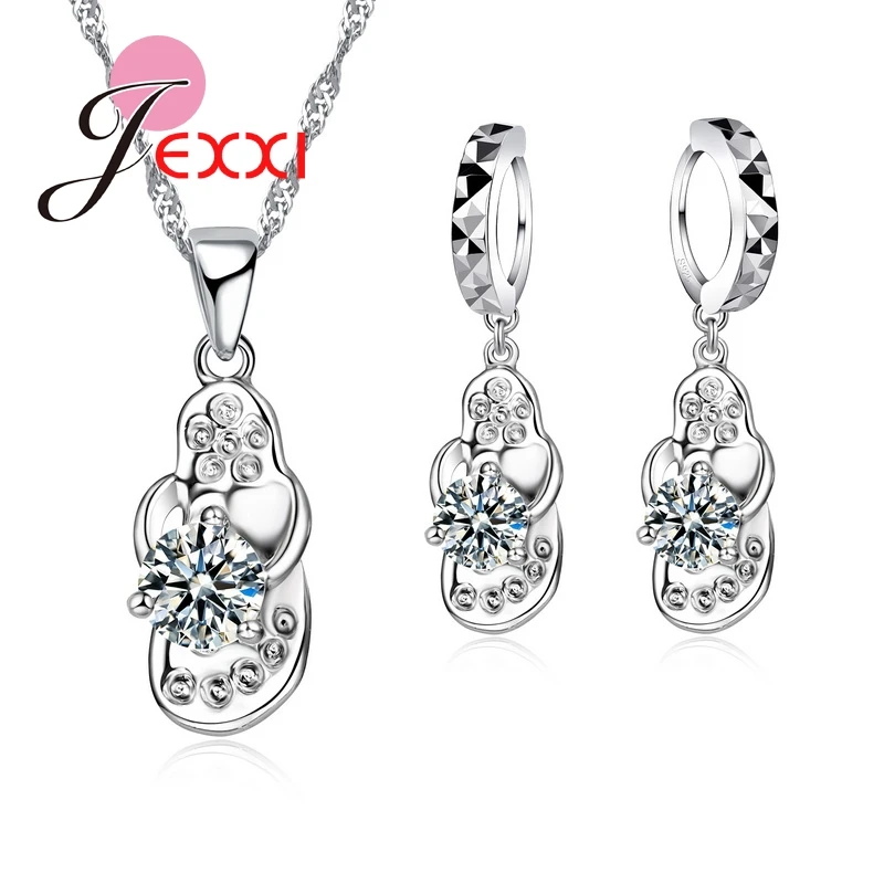 

YAAMELI Personality 925 Sterling Silver Flip Flops Pendant Neckalce Drop Earrings Cubic Zirconia Party Punk Style Jewelry Sets
