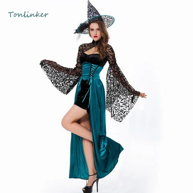 

Halloween Magic Witch Lace Perspective Costume Cosplay Long Dress+Hat Party Dresses Women witch Stage Show Dress Costumes
