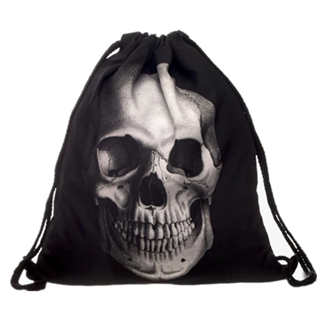 US $3.63 Fashion Black Skull Bag Casual Trekkoord Rugzak Drawstring Bag Backpack Women Harajuku Sports Bag M