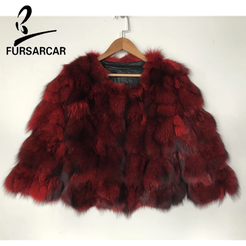 FURSARCAR 2018 New Real Fox Fur Coat Fashion Slim Fur Overcoat Three Quarter Sleeve Short Coat Winter Women Fur Jacket Coat Coats