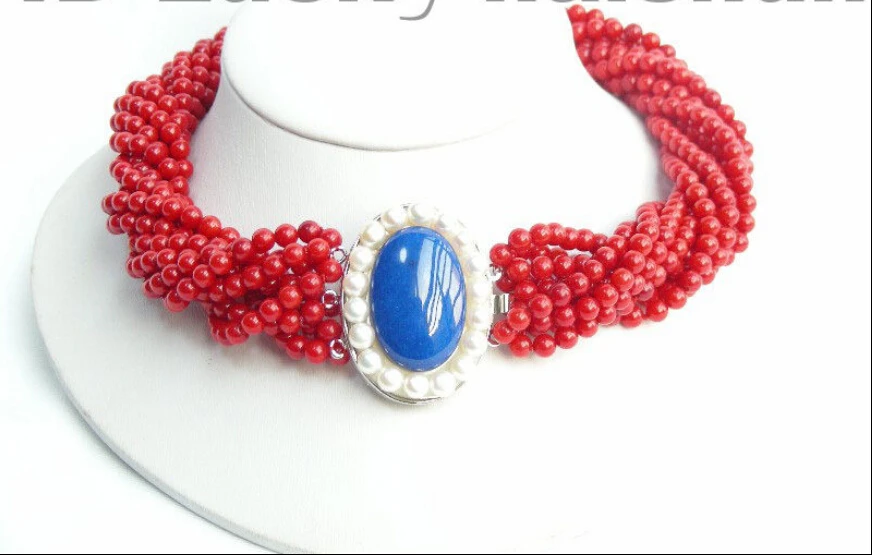 

AAA 10Stds 100% natural red coral necklace lapis lazuli