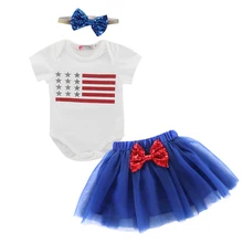 Комплект из 3 предметов для маленьких девочек, комбинезон с короткими рукавами и американским флагом, синяя юбка-пачка с бантом, ободок с бабочкой, повязка на голову с блестками